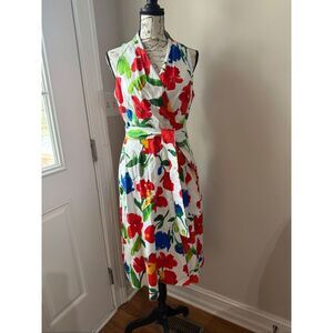 London Times Women's Poppy Floral Halter Wrap Sleeveless Midi Dress White Red 6